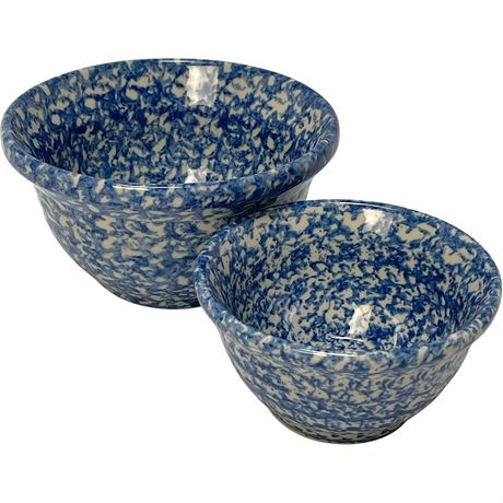 Vtg Henn Pottery Roseville Blue Spongeware Bowls
