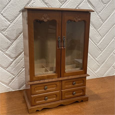 Decorative Wooden Jewelry Box w/ Floral Glass Doors