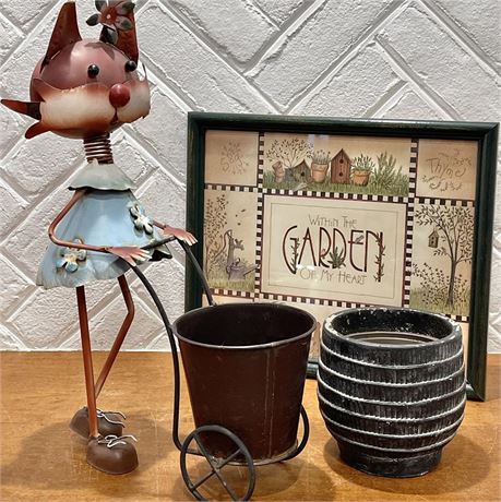 Vtg Metal Cat Planter, Pot & Framed Garden Print