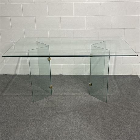 Double Pedestal All Glass Dining Table w/ Beveled Glass Top and Brass Accents