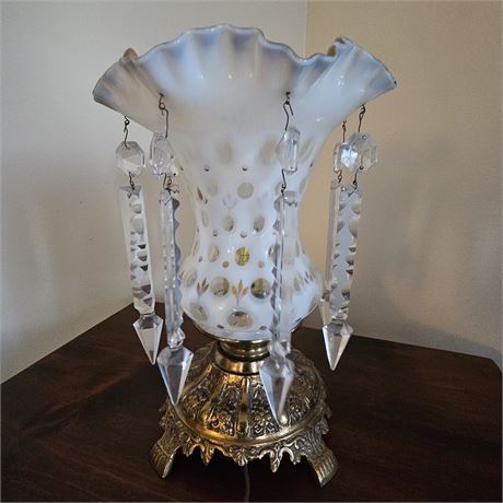 1960's Gold Gilt Glass Shade Lamp w/ Napoleon III Crystal Pendants 2 of 2