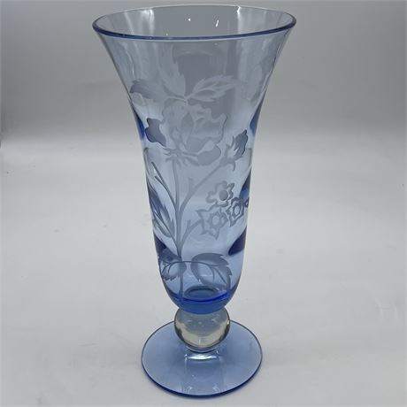 Mid Century Tiffin Sand Etched Blue Glass Vase