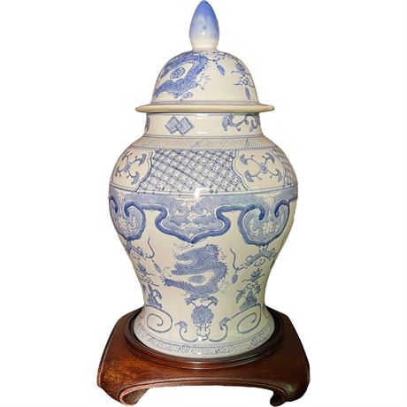 Oriental Chinoiserie Hand-Painted Ceramic Lidded Ginger Jar on Wooden Base