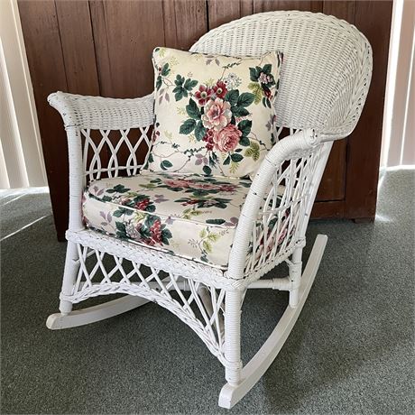 White Wicker Rocking Chair with Seat Cushion and Pillow