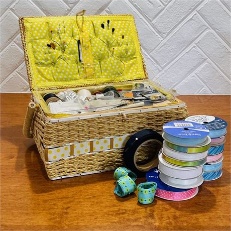 Wicker sewing box full of contents including Craft Ofray Ribbons