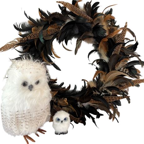 Natural Pheasant Feathers Wreath & Fluffy Faux Feathered Owl Figurines