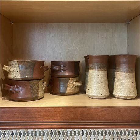 Zaros Pottery Signed Soup Bowls and Tumblers (4 each)