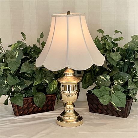 Touch Lamp in Brass Tone w/ Pair of Artificial Plants