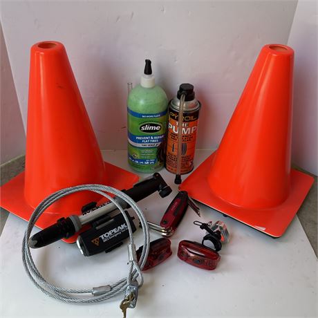 "2" Cones with Bike Reflectors, Repair Products, Bike Lock and More