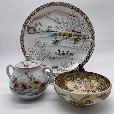 Vtg Oriental Hand-Painted Satsuma Ware Bowl w/ Porcelain Plate & Sugar Jar
