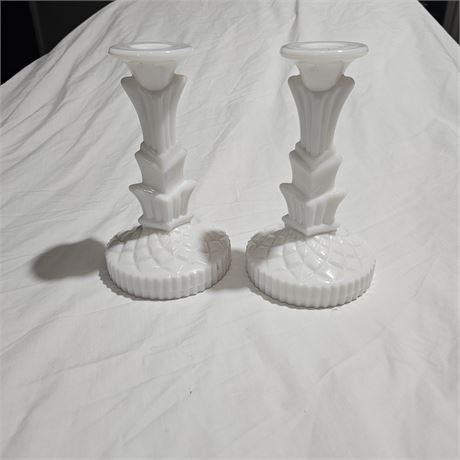 2 Westmoreland Tall White Milk Glass Taper Candle Holders/Candlesticks
