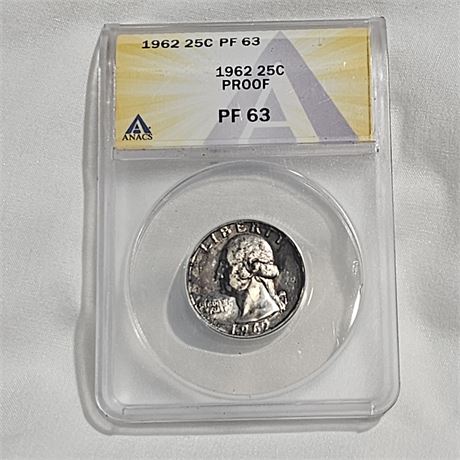 1962 Washington Quarter, graded PF 63 by ANACS Proof