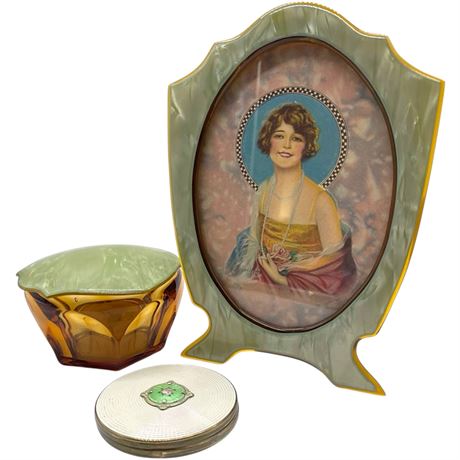 Amber Glass Powder Jar w/ Celluloid Lid Matching Frame and Enamel Compact