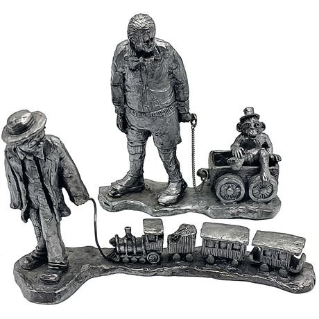 Handcrafted Micheal Ricker Pewter Clowns Pulling Monkey & Train