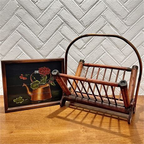 Signed and Framed Wood Panel Painting with Vtg Magazine Rack