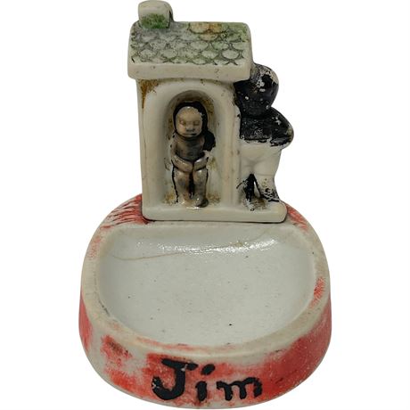 Vtg Black Americana Ceramic "One Moment Please" Outhouse Trinket Tray