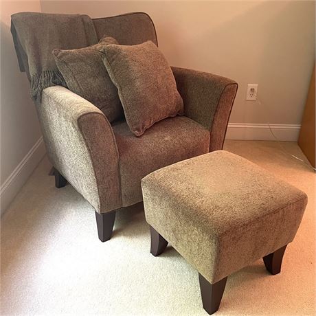 Upholstered Chair and Ottoman with Matching Throw Blanket