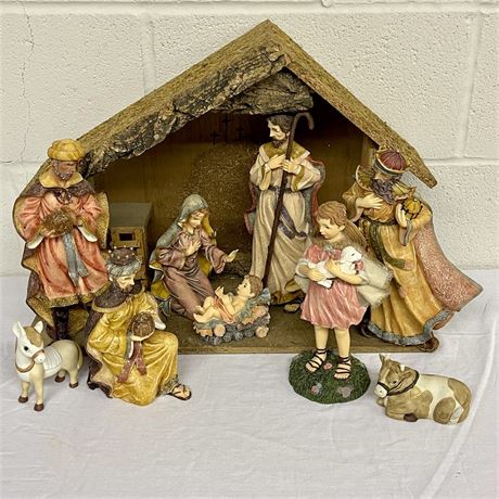Large Nativity Set Figurines with Wooden Stable