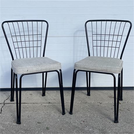 Pair of MCM Hairpin Leg Upholstered Black Wire Chairs - Daystrom Bertoia Style