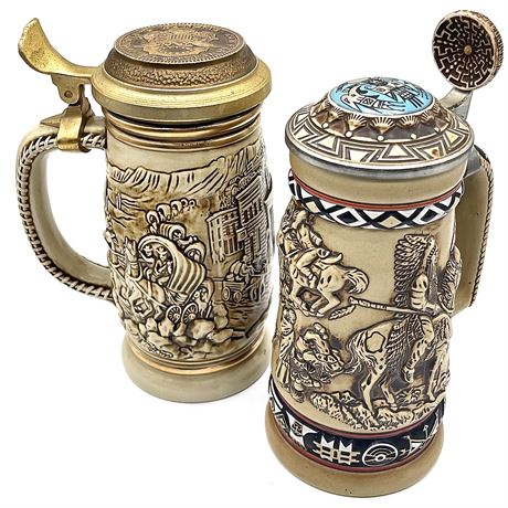 Avon 1987 "Gold Rush" Stein with 1988 "Indians of the American Frontier" Stein