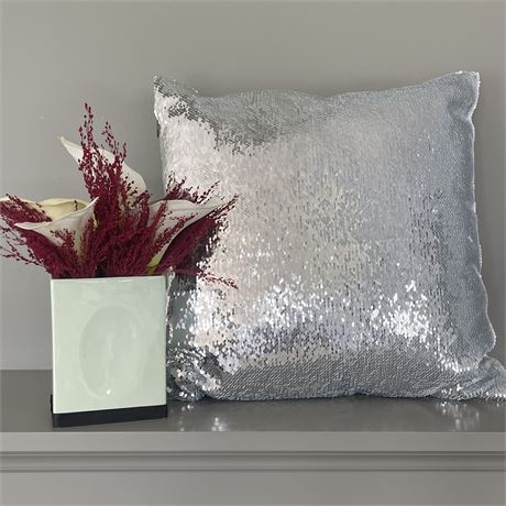 Teal Ceramic Potted Artificial Plant w/ Silver Sequin Pillow