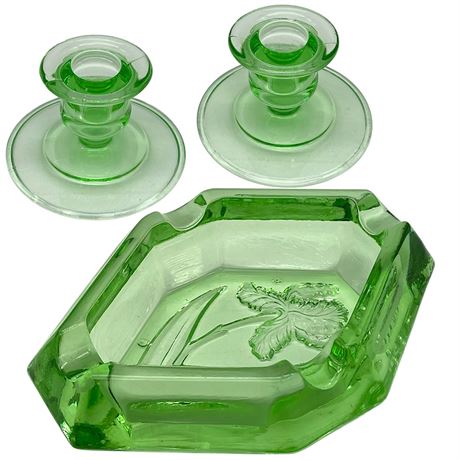 Vtg Intaglio Green Glass Ashtray & Candlestick Holders