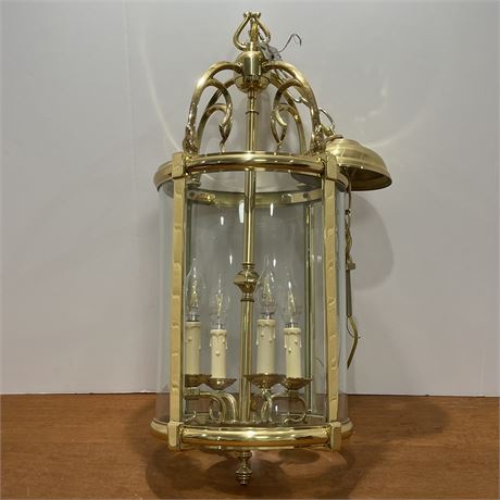 Vtg Hinkley Brass Pendant Lighting Fixture w/ Glass Panels