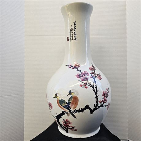 18" Tall Hand Painted Bird & Cherry Blossoms Chinese Porcelain Oriental Vase