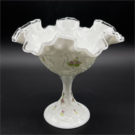 Fenton Ruffled Top Compote Hand Painted and Signed by B. Mccue