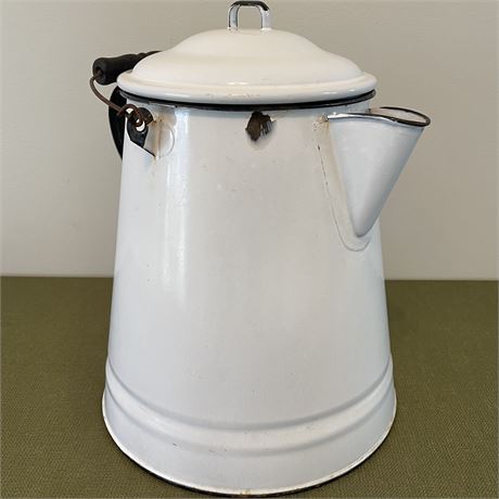Vtg Enamelware Black Trim Cowboy Coffee Pot