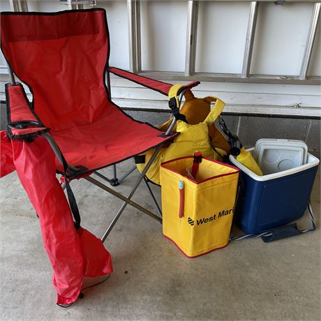 Lot of Outdoor Items with Life Vest, Folding Chair and Others