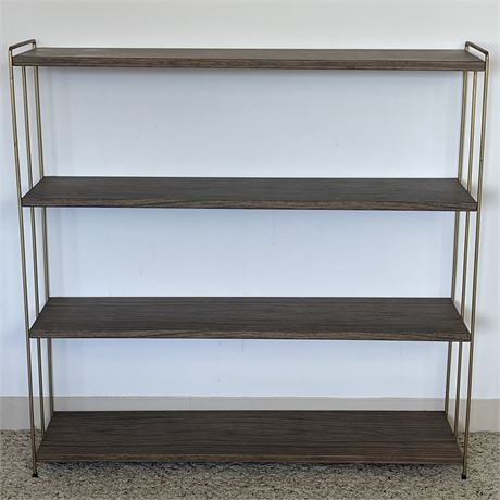 Mid-Century 4-Tier Shelving Unit with Gold Tone and Wood Grain Metal Shelves
