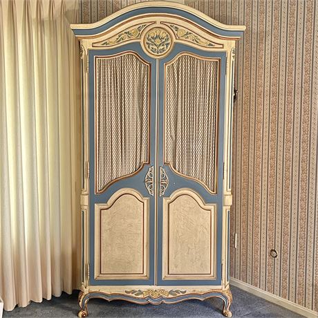 Vtg Solid Wood Wire Caged Curtain Doors Armoire