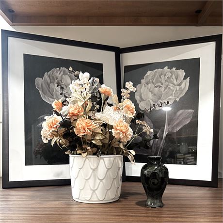 Pair of 'At Home' Framed Floral Prints w/ Potted Silk Flowers and a Pottery Vase