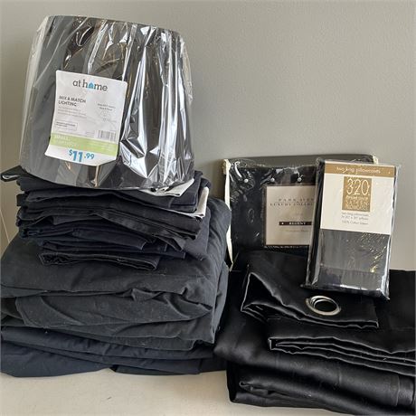 Black Linen Lot w/ Curtains, Lamp Shade, and Sheet & Pillow Case Sets