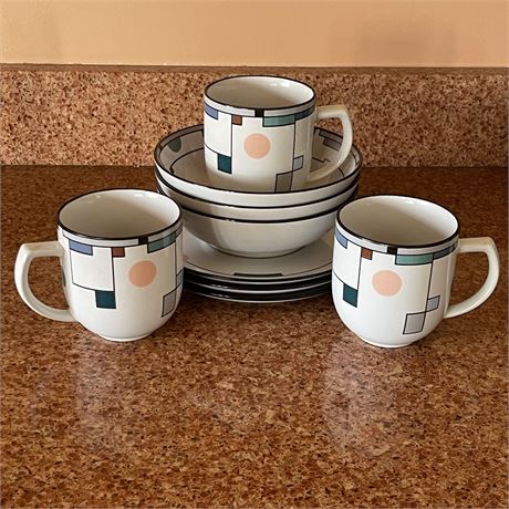 Noritake "Metronome" 9 pieces - Salad Plates, Bowls and Coffee Mugs - Serves 3