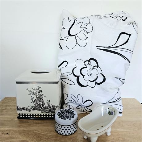 Black & white bathroom decor (curtain, tissue box holder, soap holder &candle)