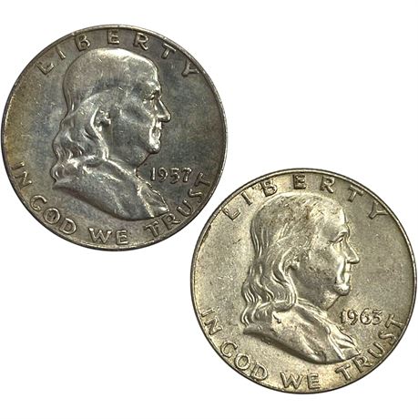 1957 & 1963 Franklin Half Dollar 90% Silver Coins