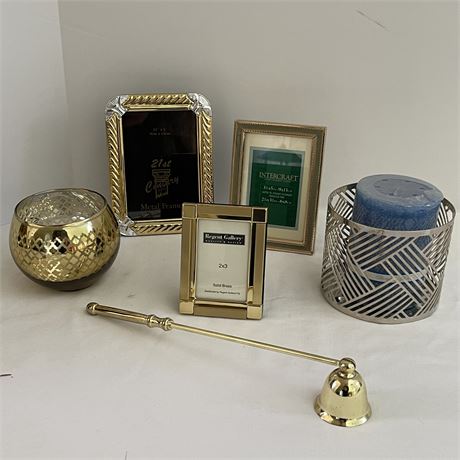 Gold and Silver Tone Frames and Candle Holders with Candle and Snuffer