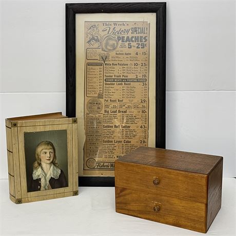 Framed Nostalgic "Fisher's" Week's Special, Faux Book & 2-drawer Keepsake Boxes