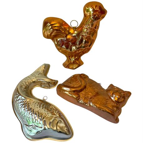 Vtg Copper Rooster, Cat & Fish Kitchen Molds