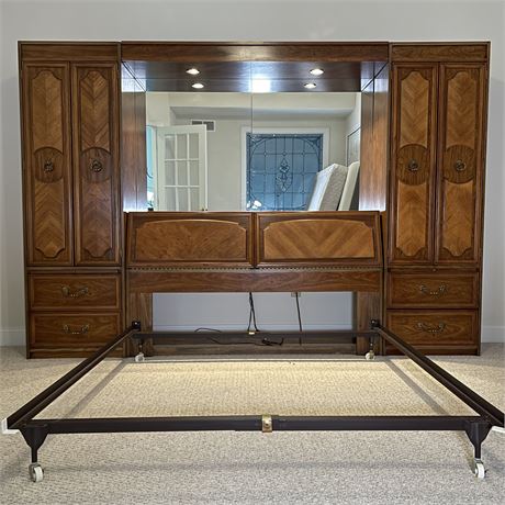 Broyhill Lighted Mirrored Headboard Wall Unit Armoire w/ Adjustable Bed Frame