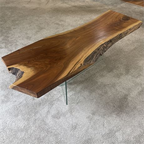 Handcrafted Live Edge Wood Slab Coffee Table w/ Turquoise Dust Accents