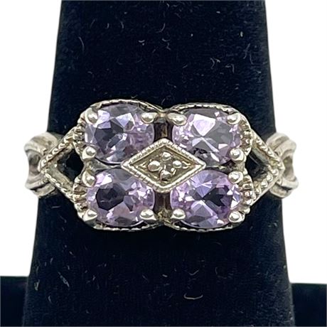 925 Sterling Silver Amethyst Gemstone Single Cut Diamond Size 6.75 Ring