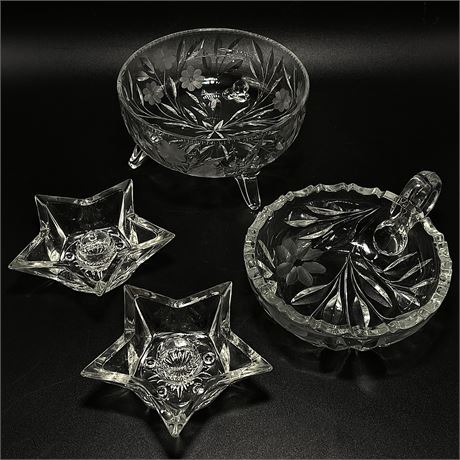 Crystal Footed Bowl and Handled Bowl, with Pressed Glass Star Candle Holders