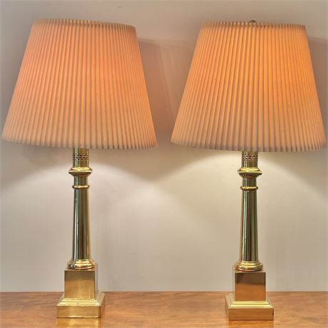 Pair of Vtg Brass Column Table Lamps