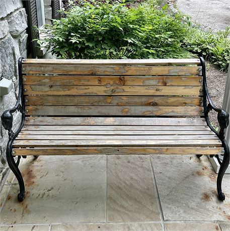 Victorian Cast Iron Lion Head Arms Wooden Garden Bench