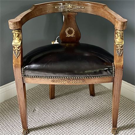 Antique French Empire Brass Mounted Claw Footed Barrel Nailhead Trim Armchair
