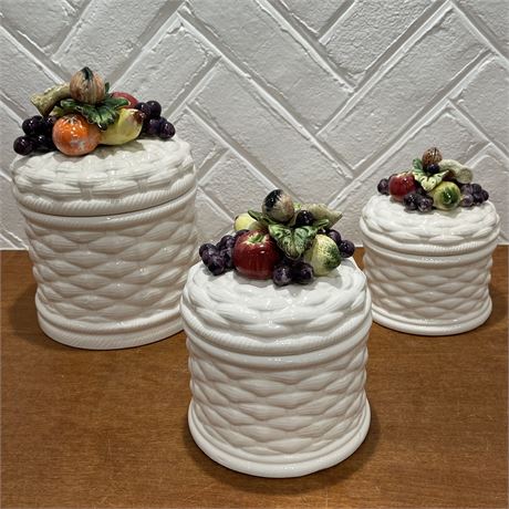 Set of 3 Vintage Ceramic Fruit Basket Canisters