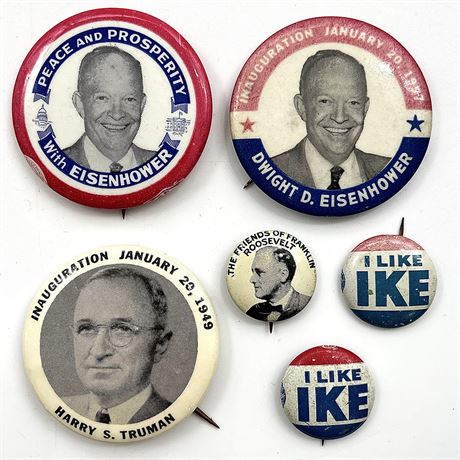 Vintage Political Campaign Pins - Eisenhower (Ike), Truman and Roosevelt